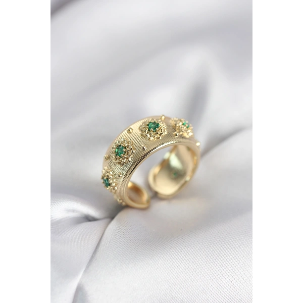 Yeşil Zirkon Taşlı Gold Renk Vintage Kadın Yüzük