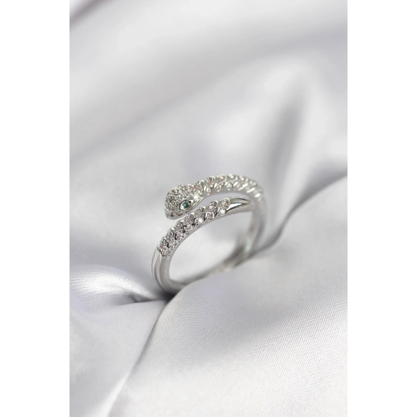 Yılan Model Gümüş Renk Zirkon Taşlı Kadın Yüzük