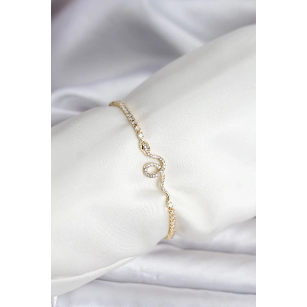 Yılan Model Zirkon Taşlı Gold Renk Pirinç Su Yolu Kadın Bileklik