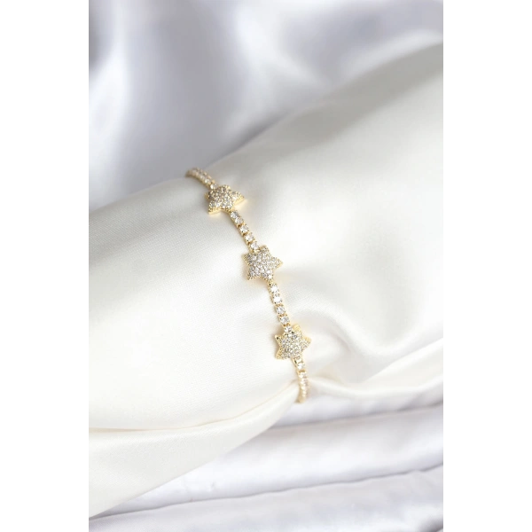 Yıldız Model Zirkon Taşlı Gold Renk Pirinç Su Yolu Kadın Bileklik