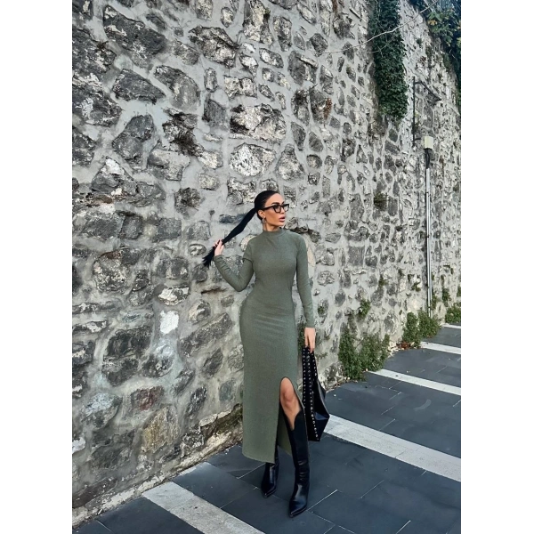 Yırtmaçlı kalın bürümcük uzun elbise Yeşil