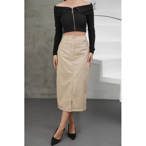 Yırtmaçlı uzun deri etek bej