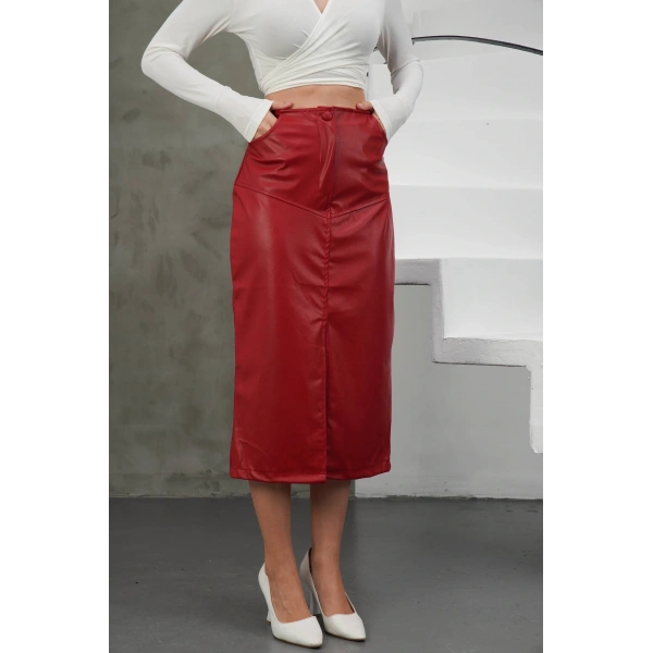 Yırtmaçlı uzun deri etek bordo