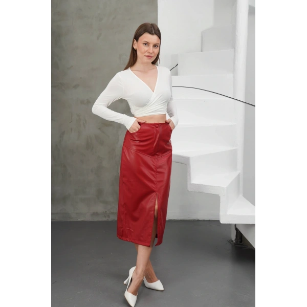 Yırtmaçlı uzun deri etek bordo