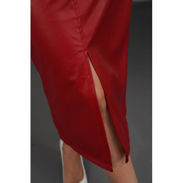 Yırtmaçlı uzun deri etek bordo