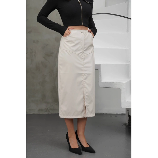 Yırtmaçlı uzun deri etek krem