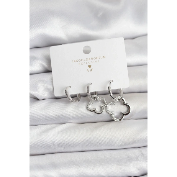 Yonca Model Gümüş Renk Pirinç 3lü Kadın Küpe Seti