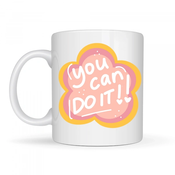 You Can Do It Yazılı Porselen Kupa MODEL 126 – Motive Edici Mesajlı, Çiçek Tasarımlı, Pozitif Enerji Veren Hediye Kupası