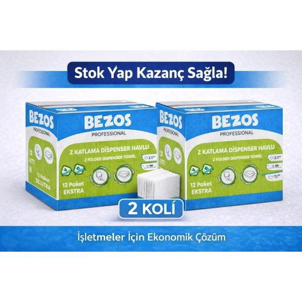 Z Katlamalı Dispenser Havlu 2 Katlı 20x22 cm %100 Selüloz 2 Koli Avantaj Paket