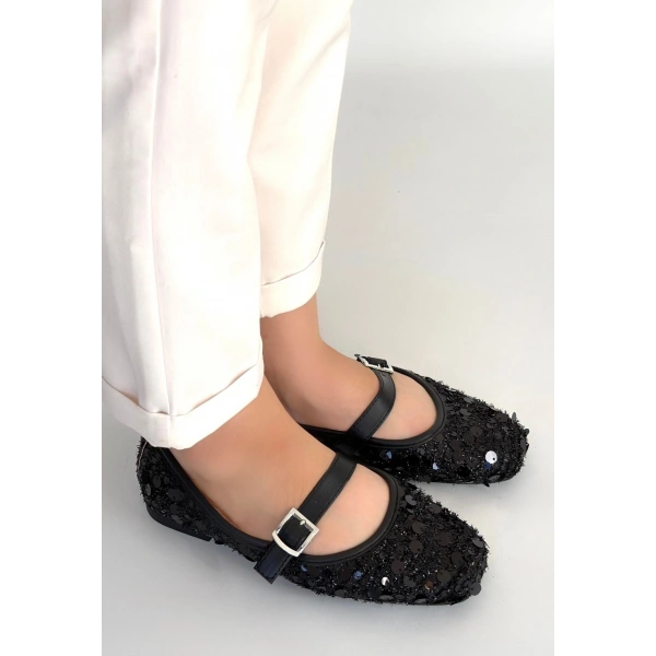 Zaty Siyah Süet Siyah Pullu Babet Ayakkabı