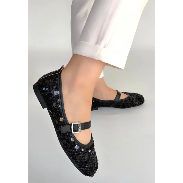 Zaty Siyah Süet Siyah Pullu Babet Ayakkabı