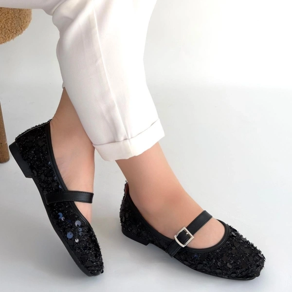 Zaty Siyah Süet Siyah Pullu Babet Ayakkabı