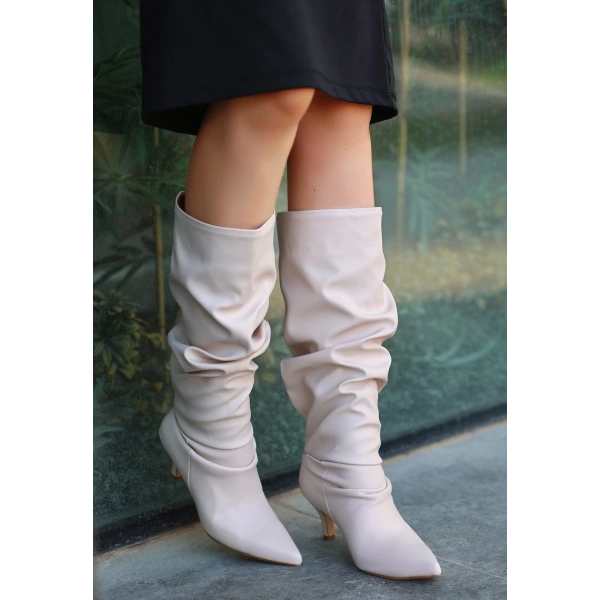 Zelya Bej Cilt Topuklu Çizme