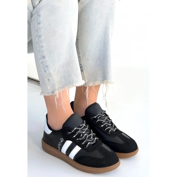 Zerti Siyah Cilt Bağcıklı Spor Ayakkabı