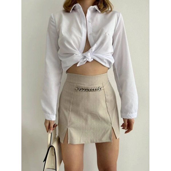 Zincir detaylı çizgili şort etek