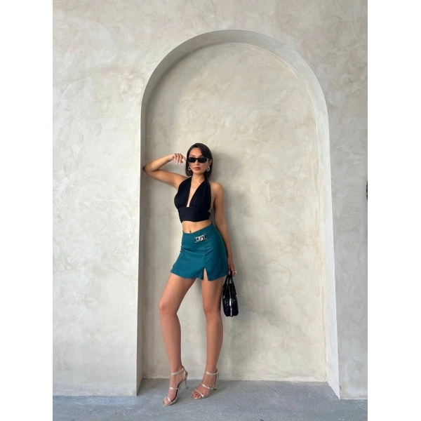 Zincirli şort etek petrol yeşili s24676