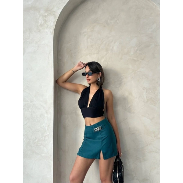 Zincirli şort etek petrol yeşili s24676