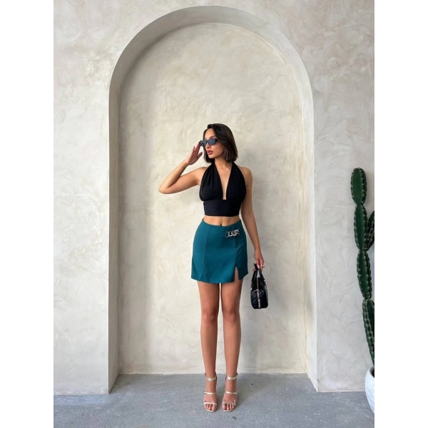 Zincirli şort etek petrol yeşili s24676
