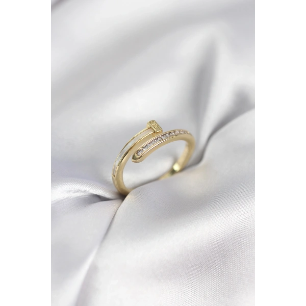 Zirkon Taşlı Gold Renk Yassı Çivi Model Kadın Yüzük