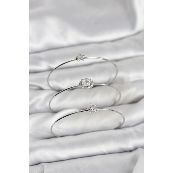 Zirkon Taşlı Gümüş Renk Tek Taş Model 3lü Kadın Bileklik Kombini