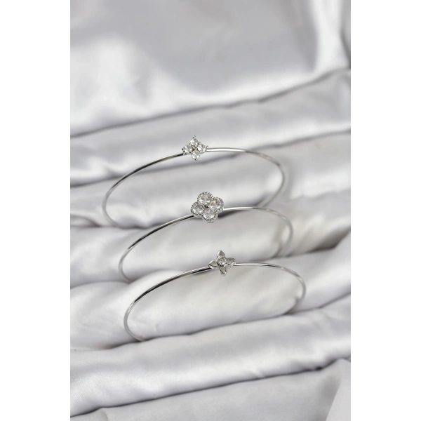 Zirkon Taşlı Gümüş Renk Yonca Tasarım 3lü Kadın Bileklik Kombini