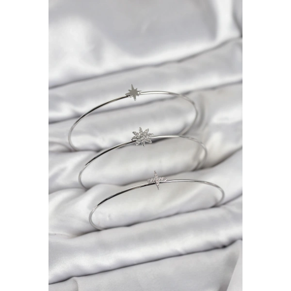 Zirkon Taşlı Kutup Yıldızı Model Gümüş Renk 3lü Kadın Bileklik Kombini