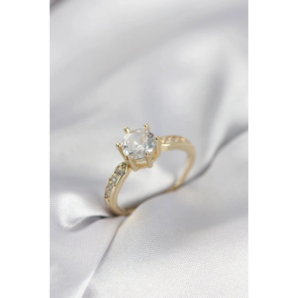 Zirkon Taşlı Tek Taş Model Gold Renk Kadın Yüzük