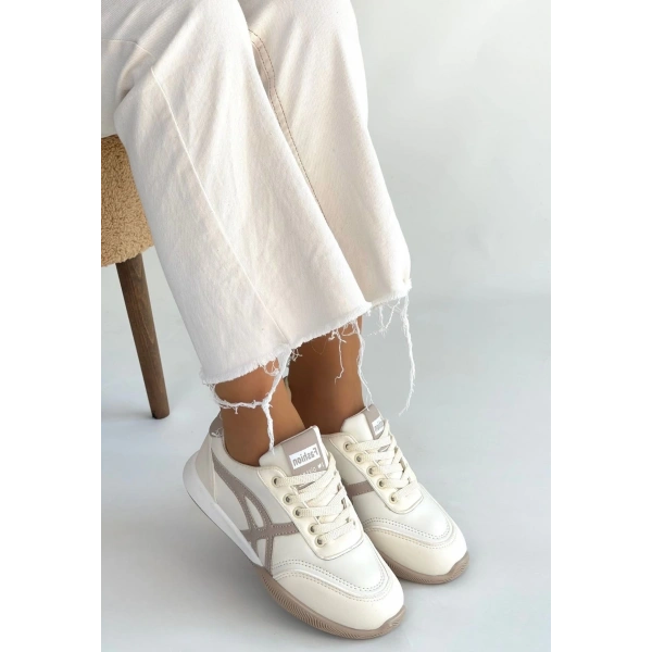 Zlay Bej Cilt Vizon Detaylı Bağcıklı Spor Ayakkabı