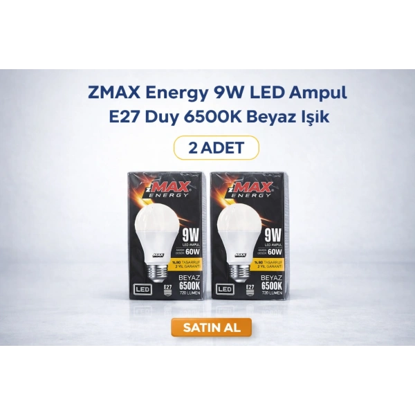 ZMAX Energy 9W LED Ampul E27 Duy 6500K Beyaz Işık 720 Lümen 60W Eşdeğer Enerji Tasarruflu 2 Adet
