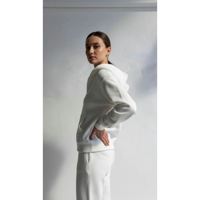 3 iplik şardonlu kapşonlu hoodie frm beyaz p510437