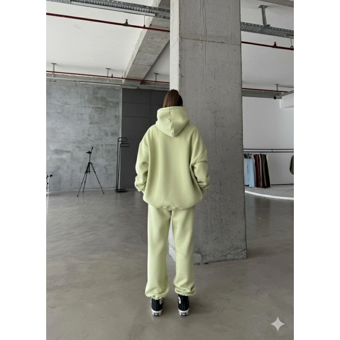 3 iplik şardonlu kapşonlu sweatshirt mint p510436