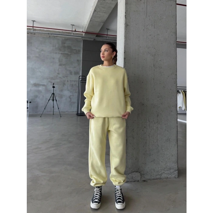 3 iplik şardonlu Lastik paça eşofman sarı p510439