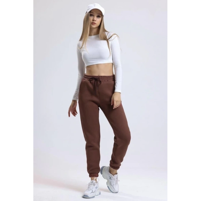 3 iplik şardonlu paça lastikli eşofman kahve is001