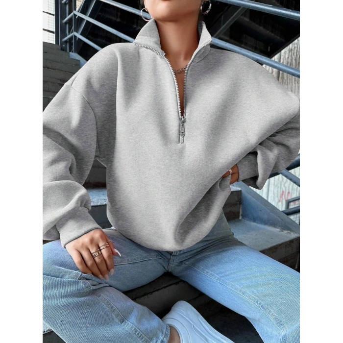 3 iplik Şardonlu yarım fermuarlı sweatshirt gri