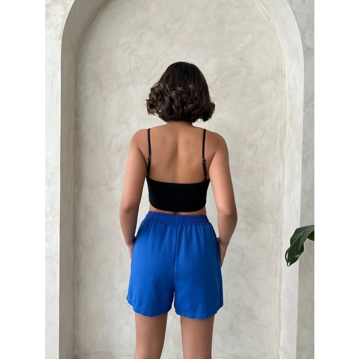Armalı keten şort saks mavisi s251003