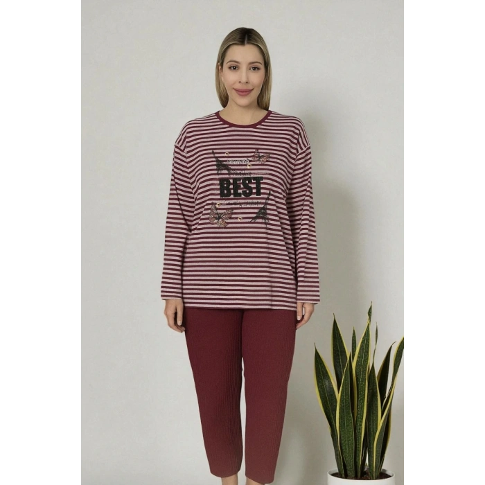 BASKILI PENYE BORDO PİJAMA TAKIMI BEST MODEL