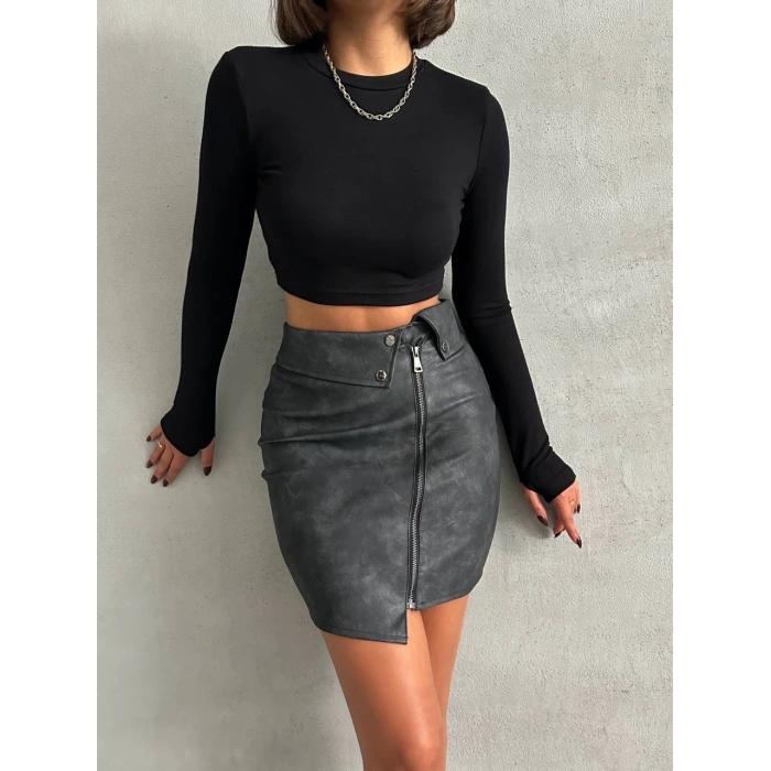 Beli pervazlı fermuarlı eskitme deri etek w24431