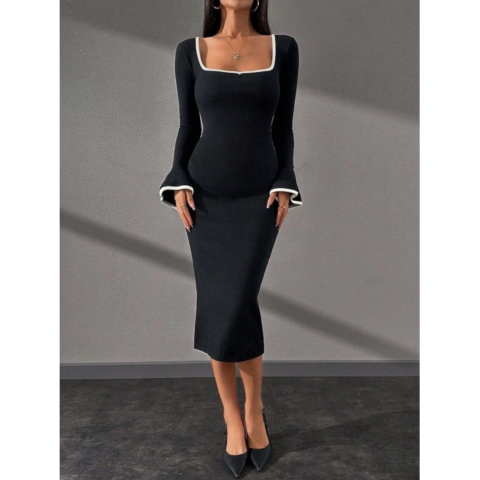 Biyeli midi boy elbise siyah A3718