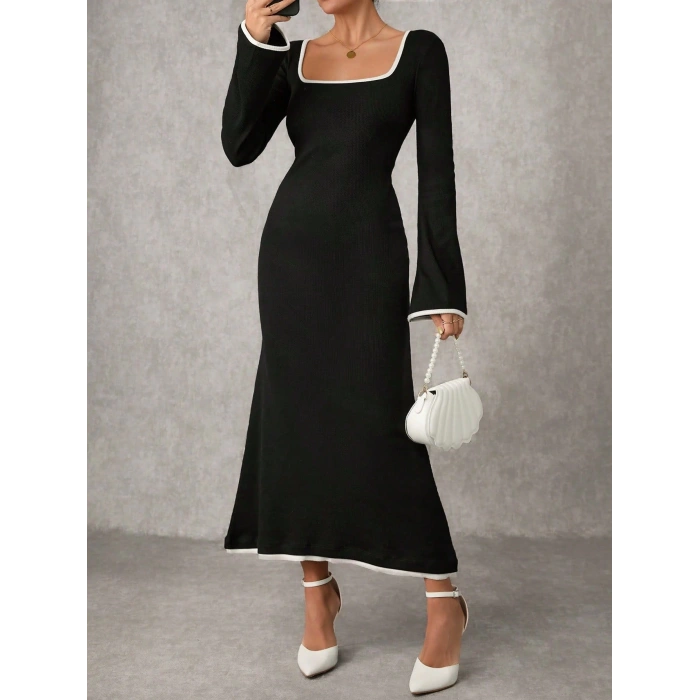 Biyeli uzun elbise siyah