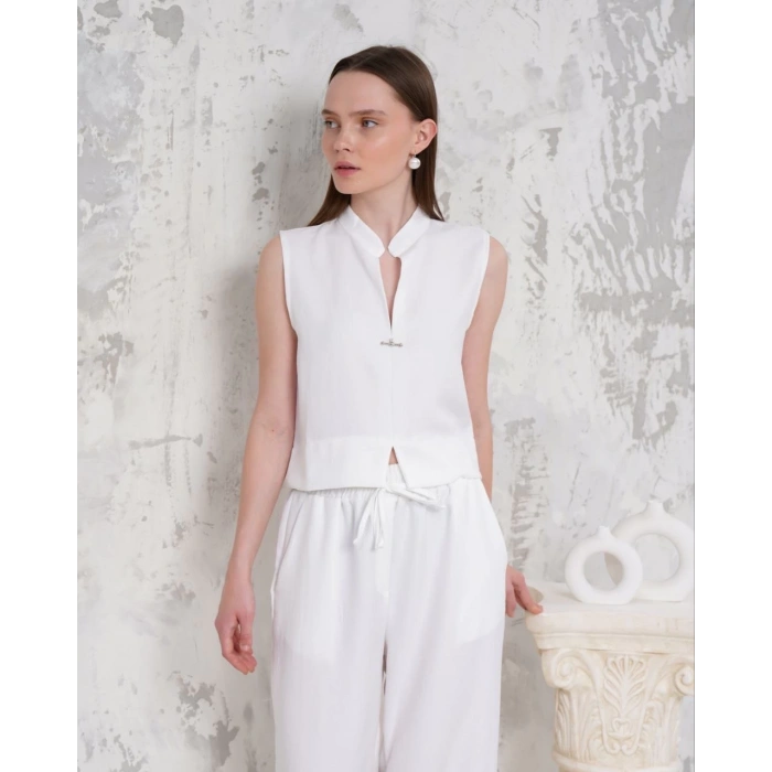 Broşlu yelek pantolon takım beyaz s255821