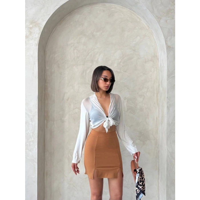 Çift yırtmaçlı etek camel s25910