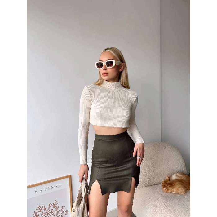 Çift yurtmaçlı süet etek haki s241002