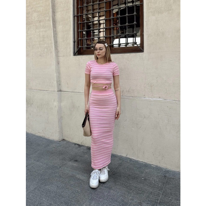 Çizgili etekli takım pembe s3609