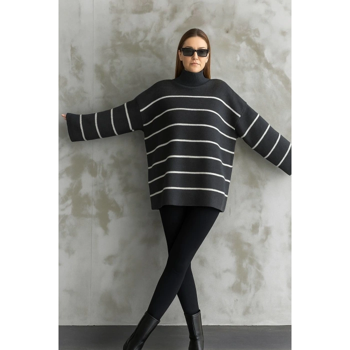 Çizgili ispanyol kol triko boğazlı kazak antrasit elf