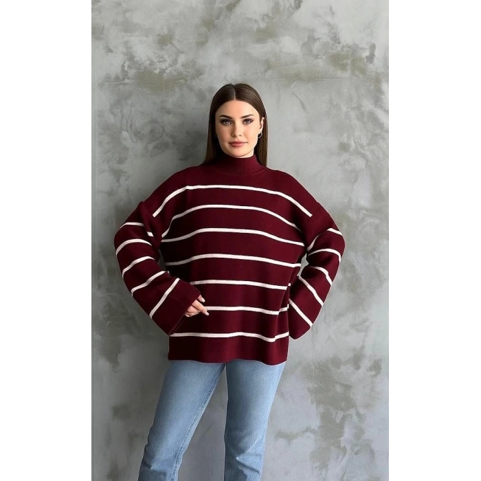 Çizgili ispanyol kol triko boğazlı kazak bordo elf