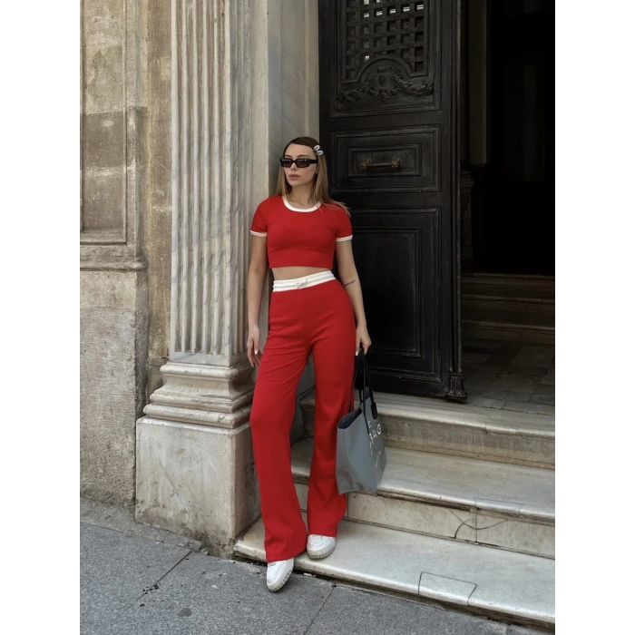 Crop pantolon biyeli takım kırmızı