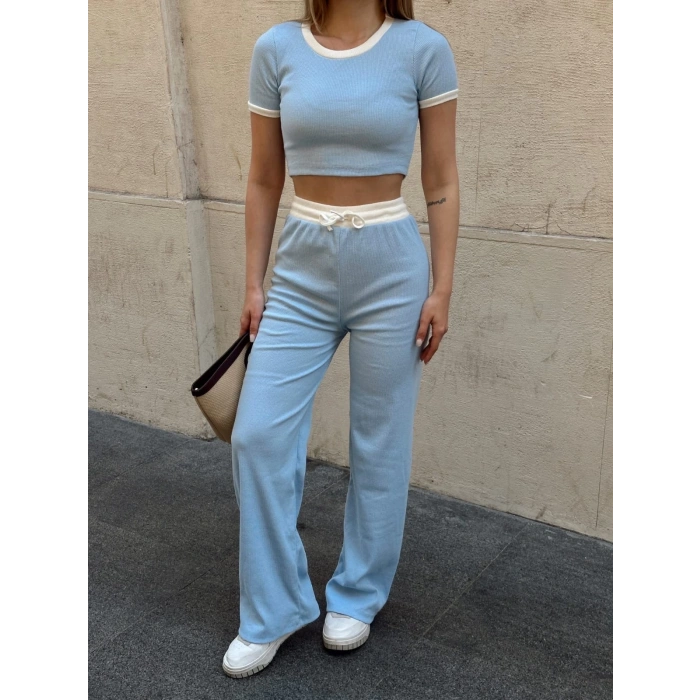 Crop pantolon biyeli takım mavi