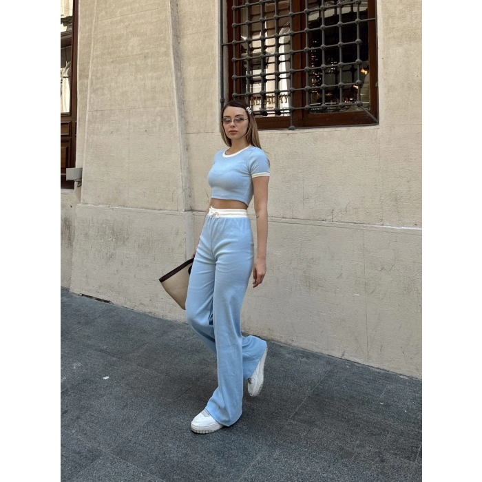 Crop pantolon biyeli takım mavi