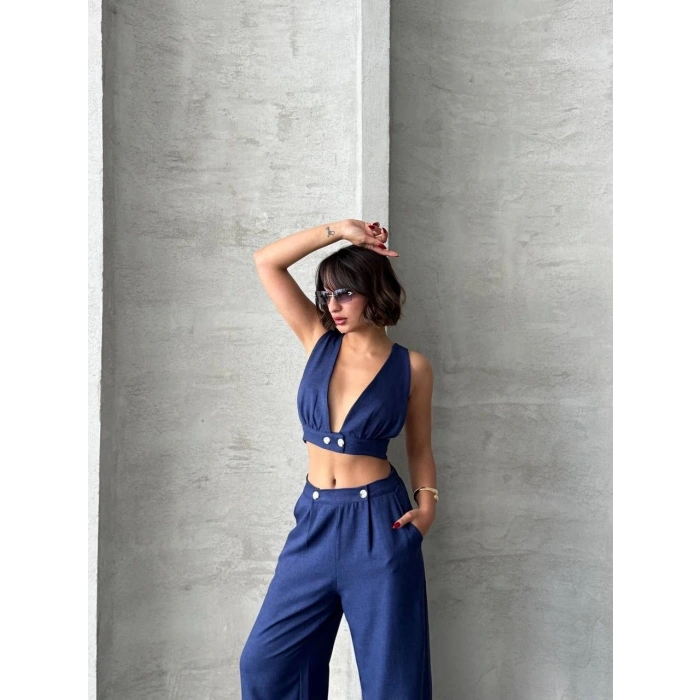 Crop pantolon keten takım s255012