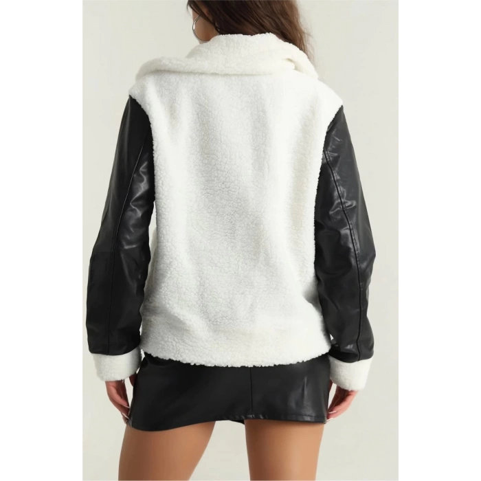 Deri garnili kuzu peluş mont beyaz t1220